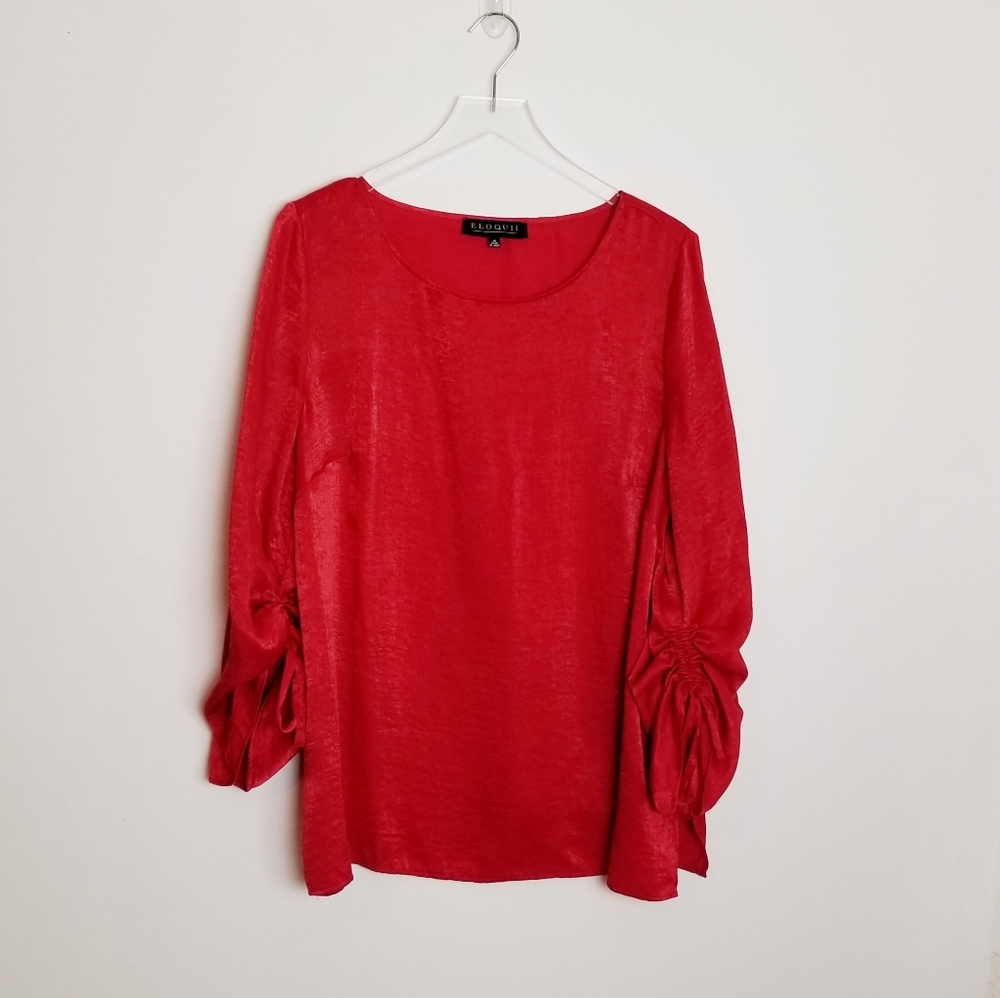 Eloquii Red Ruching Tie Sleeve Blouse